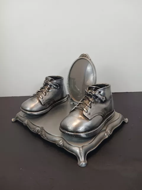 Vintage Metal Baby Shoes Decor With Round Oval Picture Frame Stand See Pics