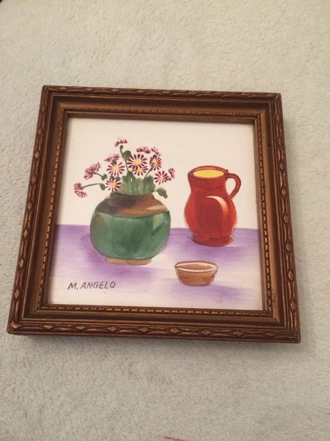 Vintage M.Angelo Hand Painted Ceramic Tile Framed Artwork
