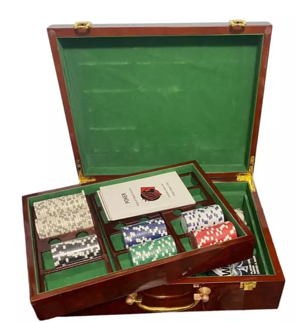 POKER Set w/ Wooden High-Gloss Case, Unopened Chips, Includes Vegas Chips & More