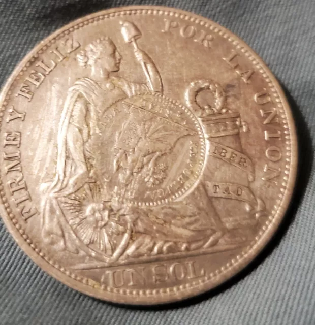 RARE Peru Un Sol .90% Silver Coin AU 1893 T.F. Mint Rare 1/2 Reale Counter 3