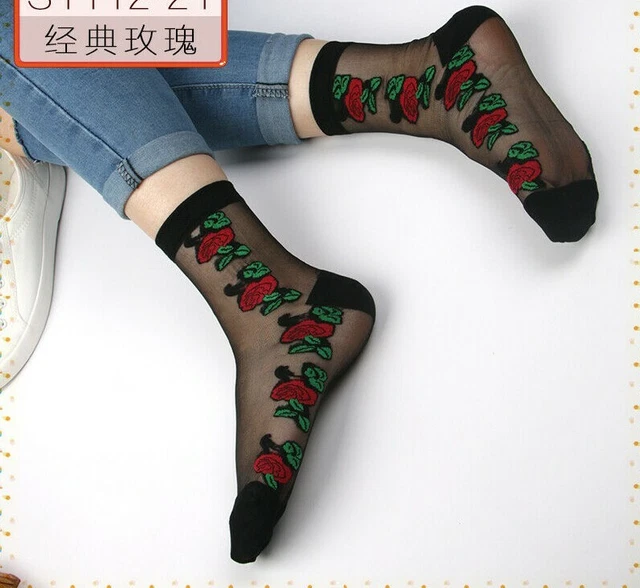 Ultra Thin Ladies Women Sock Rose Floral Transparent Cotton Crystal Lace Elastic