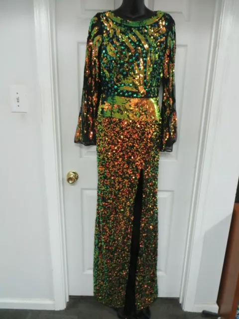 Primavera Couture long sleeve beaded multi color gown with open back 4 msrp $432