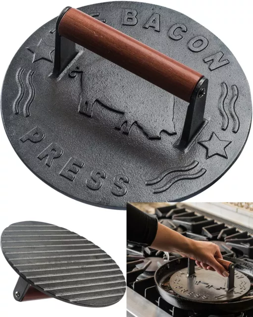 Bellemain Cast Iron Grill Press, Heavy-duty bacon press with Wood Handle, 8.5-In