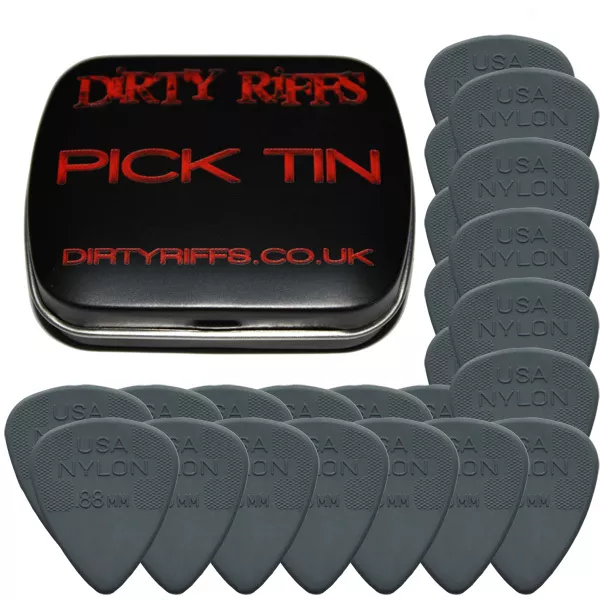 24 x Dunlop Nylon Standard 0,88 mm grigio scuro per chitarra in una pratica latta