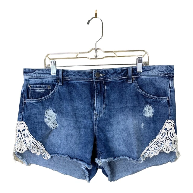 Joe Boxer Jean Shorts Size 18 Crochet Raw Edge Distressed Denim Lace Trim