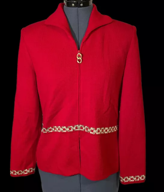 ST JOHN Collection Red Santana Knit Gold Chain Woven Band Full Zip Jacket Size 4