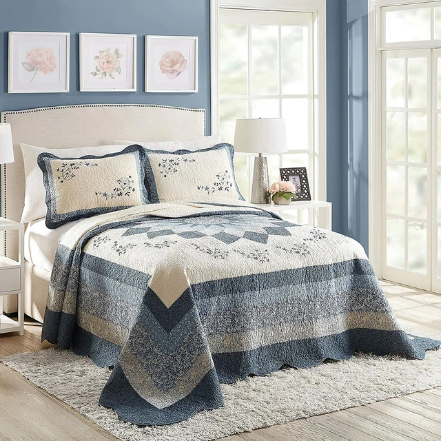 New! BEAUTIFUL XXXL COTTAGE WHITE LIGHT BLUE NAVY  ROSE FLORAL QUILT BEDSPREAD