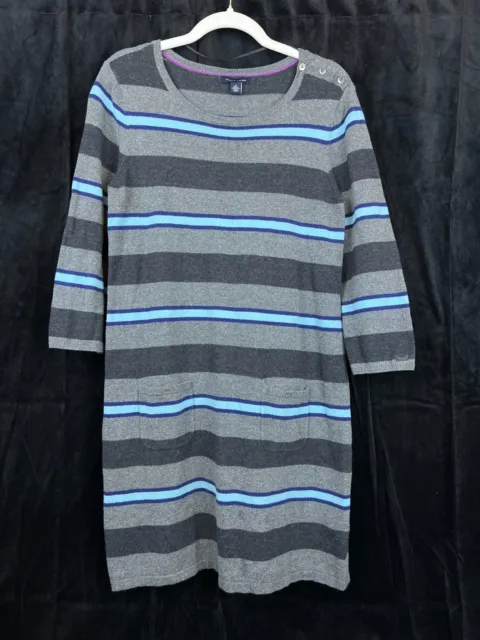 RARE Tommy Hilfiger Womens Striped Sweater Dress Gray Blue w Snap Pockets Size M