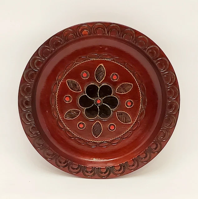 Folk Art Wood Lacquer Plate Hand Crafted & Wood Burning Wall Art Russian 6"
