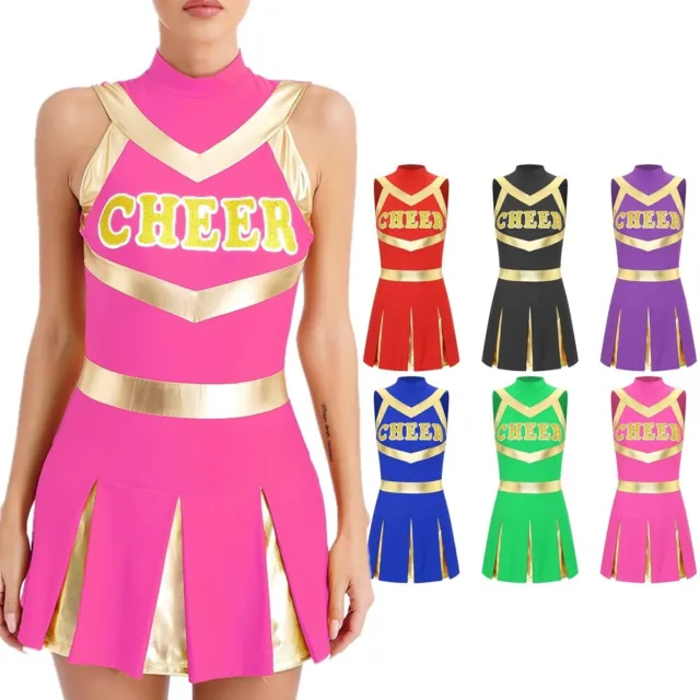 Womens Cheer Squad Uniform Themed Party Halloween Costumes Sleeveless Shiny 2