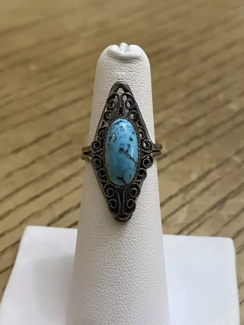 Beau Sterling Silver 925 Signed Blue Turquoise Filigree Ring Size 5 Adjustable