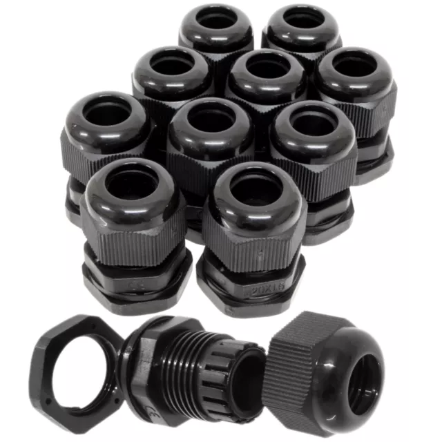 10 Pack IP68 Plastic Waterproof Cable Gland 20mm Black M20 for 6-12mm Round