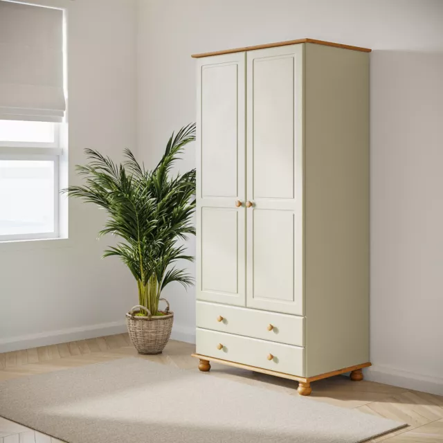 Wardrobe 2 Door 2 Drawer Cream Solid Pine Wooden with Bun Feet Classic Style