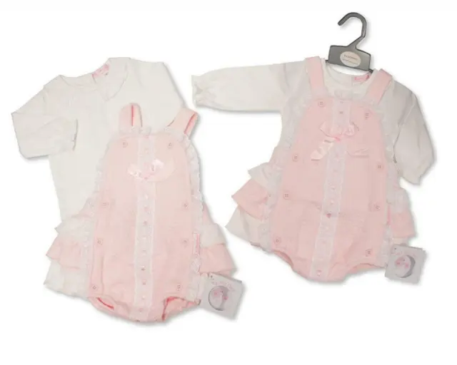 Baby Girls Dungaree Romper Set ~ Pointelle Frilly Lace Ribbon Buttons & Bow Pink