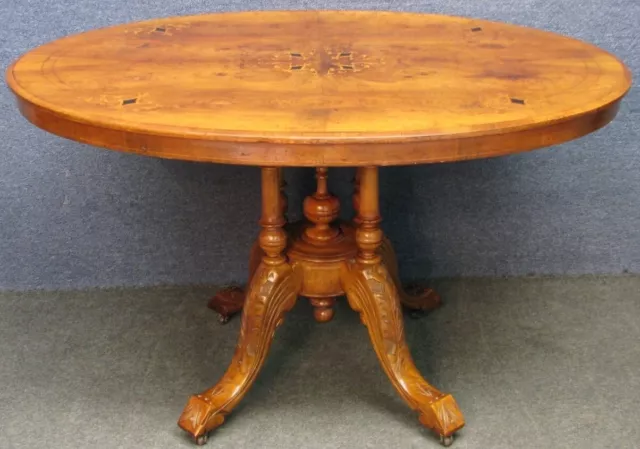 Victorian Loo Table With Inlaid Burr Walnut Oval Top And Carved Walnut Base