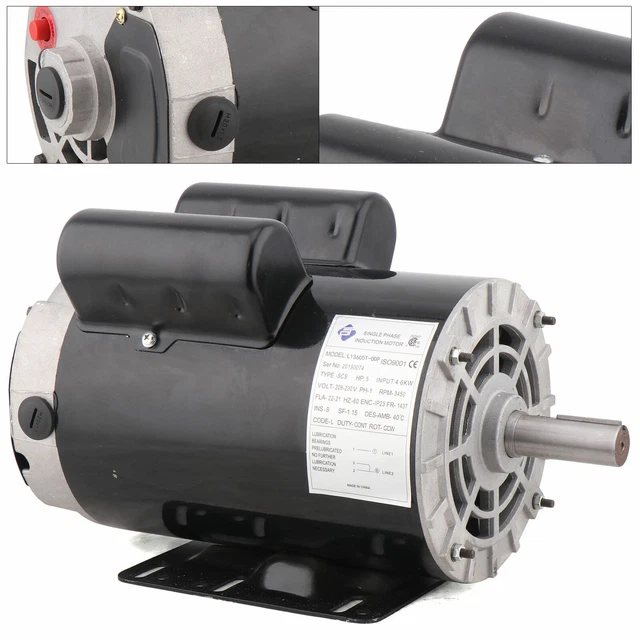 Electric 5 HP Air Compressor Duty Motor Single Phase 3450RPM  Keyed 7/8" Shaft