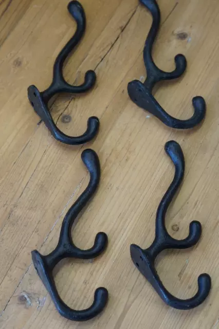 8 Cast Iron TRIPLE SCHOOL Style Coat Hooks Hat Hook Rack Hall Tree Tack Black 2