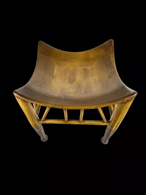 Vintage Egyptian Revival Handmade Wood Thebes Curved Stool Signed