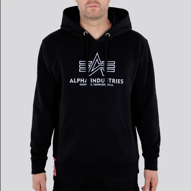 Alpha Industries Pullover Uomo Base Felpa con Cappuccio Ricamo Nero Bianco 95