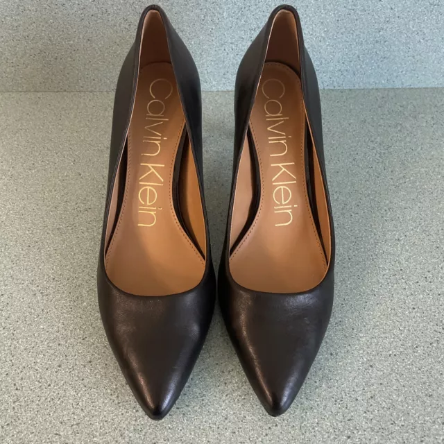 Calvin Klein Kirstin Black Pointed Toe Shoes Leather Upper Size 9 - 3.25" Heels