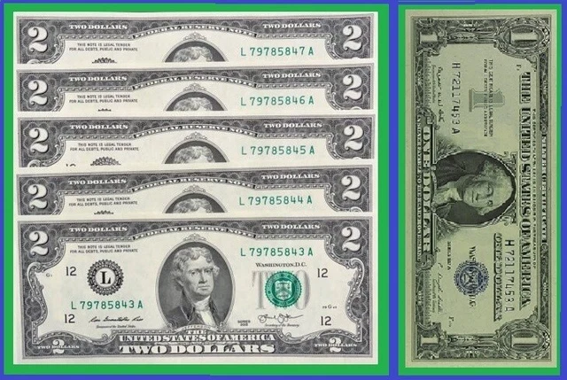 5 Sequential Unc. $2 Bills + 1957 $1 Silver Certificate