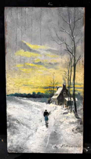 Tableau ancien paysage enneigé Barbizon Impressionniste signé fin XIXème