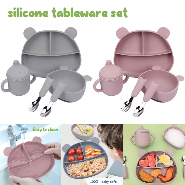 5Pcs Baby Feeding Set with Bowl/Plate/Cup/Spoon/Folk Food-Grade Silicone SmSAD