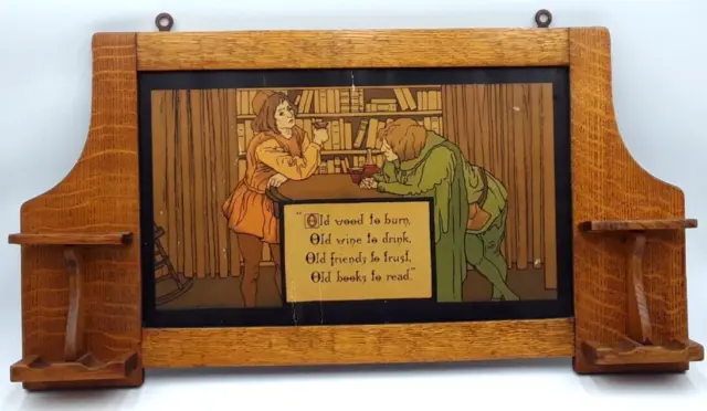 Antique Pipe Rack Tiger's Oak Wall Hanging Poem: "Old Friends to Trust" 1900s