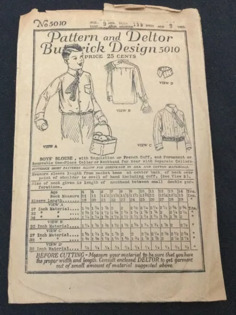 Antique 1923 Pattern & Deltor Butterick Design #5010 Boys' Blouse Shirt Size 9