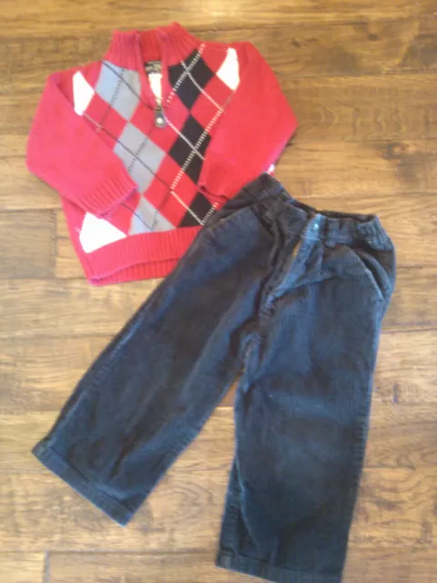 EUC! Baby Boys Childrens Place Red Argyle Sweater Corduroy Pants 18-24 months