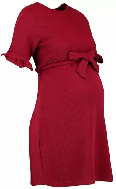 Ladies BOOHOO MATERNITY Tie Waist Shift Dress Pregnancy BERRY RED size 14uk bnwt