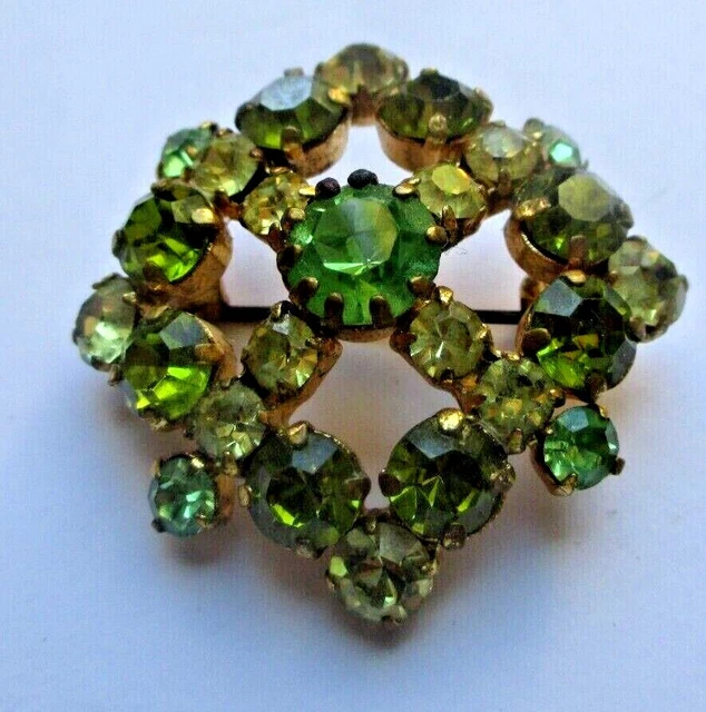 Broche Vintage Ancienne Sertie De Cristaux Péridot Sur Laiton - Bijou Unique N°2635 - Occasion