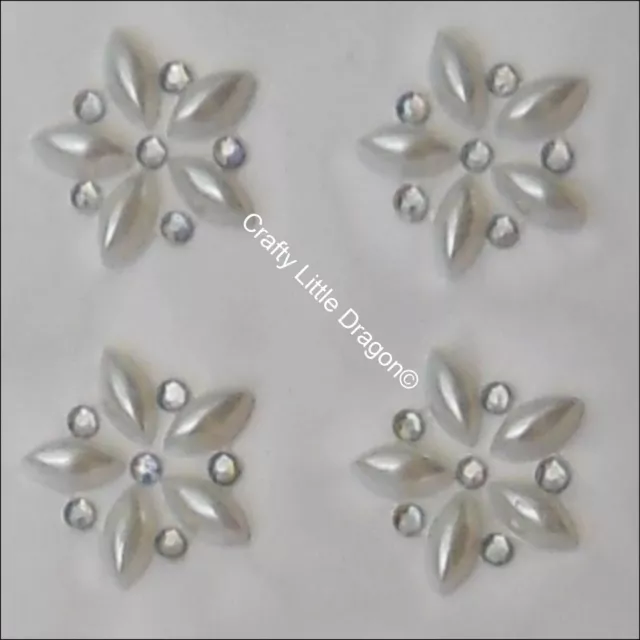 12 x Ivory Pearl & Iridescent Clear AB Flower Rhinestone Diamante Stick on GEMS