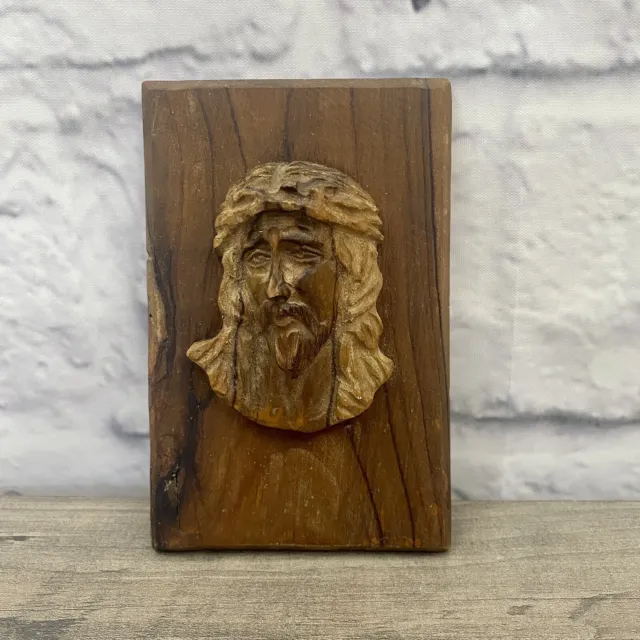 Vintage Hand Carved Olive Wood Jesus Wall Decor Plaque Christianity Spiritual