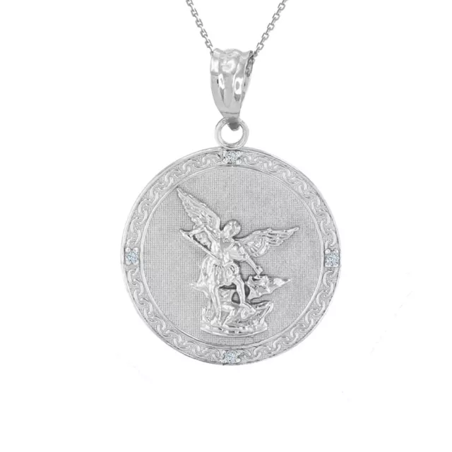 Pure .925 Silver Saint Michael Double Sided Engrave Prayer CZ Pendant Necklace