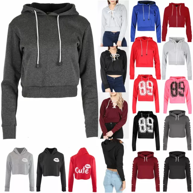 Womens Plain Crop Hoody Long Sleeve Fleece Sweatshirt Ladies Pullover Hooded Top