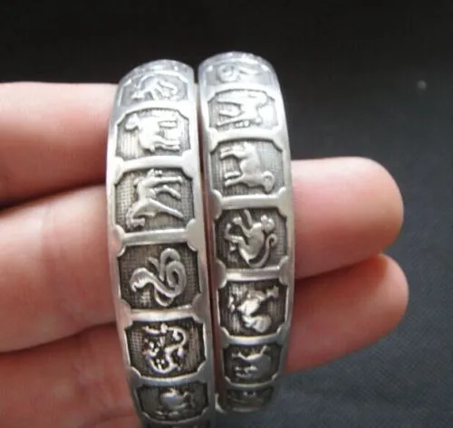 Old Handwork Miao Silver Carved Lucky Chinese Zodiac Adjust Bracelet Bangle 2