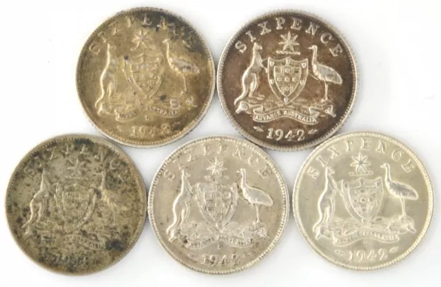 1942- 1948 Australia Sixpence Silver .925 Coins Lot Of 5 KM# 38