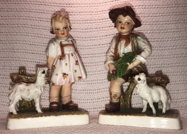 Antique Capodimonte Carlo Mollica Majolica Boy Girl Lamb Sheep Figurines Italy