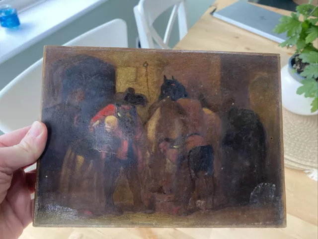 Old Master Antique Flemish Dutch Oil Painting of a Farrier Horses and People