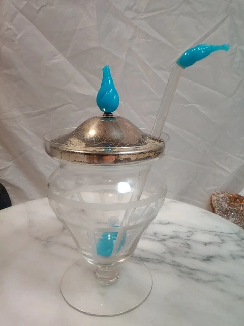 Etched Glass Silver Pedestal Caviar Jelly Jam Jar Turquoise Blue Glass Finial