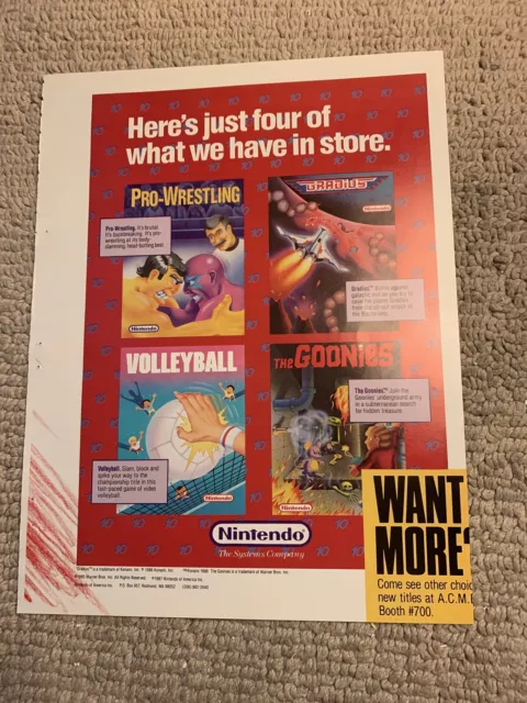 Want 11- 8.5'' PLAY CHOICE 10  Gradius  Goonies nintendo  arcade  game AD FLYER