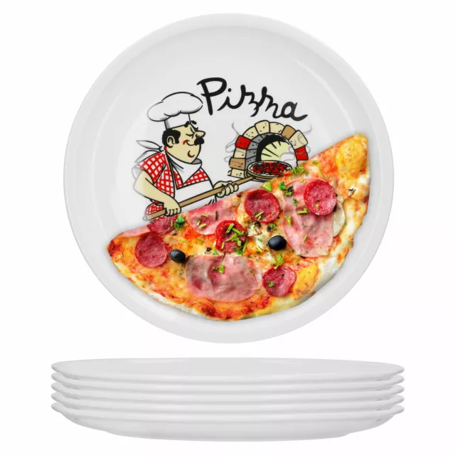 6er Set Van Well Pizzateller Küchenchef Dekor Porzellan Teller Pizza weiß 30,5cm