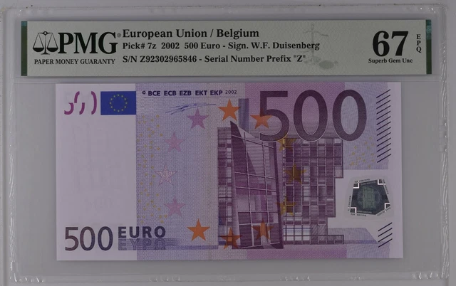 BELGIUM 500 Euro 2002 Z-serie, Duisenberg Sign, PMG 67 BELGIUM 500 Euro 2002 Z-serie, Duisenberg Sign, PMG 67