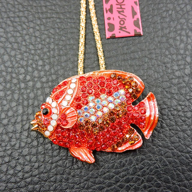 Betsey Johnson Ornate Bling Red Tropical Fish Crystal Pendant Chain Necklace