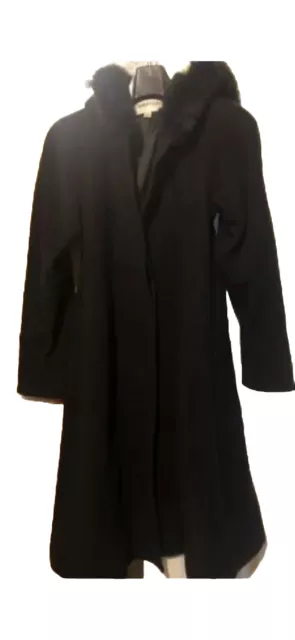 Womens Black Wool Fur Trim Hooded Long Winter Lined Coat Size 4 Charles Klein