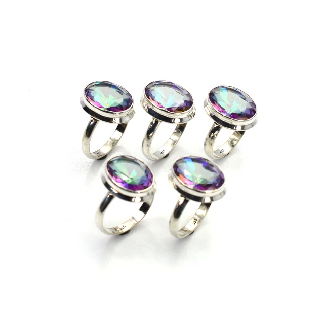 Wholesale 5Pc 925 Solid Sterling Silver Faceted Mystic Topaz Ring Lot T881