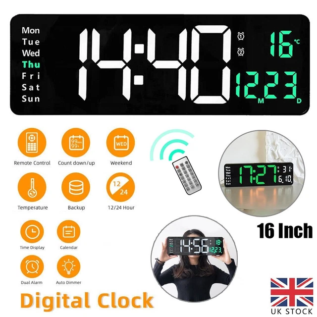 16& LARGE LED Digital Wall Clock Temperature Date Day Display Alarm ...