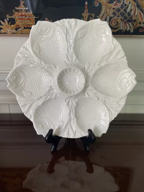 Very Rare Minton Majolica Oyster Plate, Antique,1892, White, Whole Fish Wells