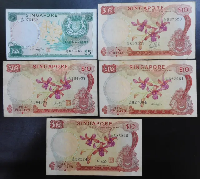 5 Singapore $5, $10 five & ten dollars orchid flower notes Different Signatures